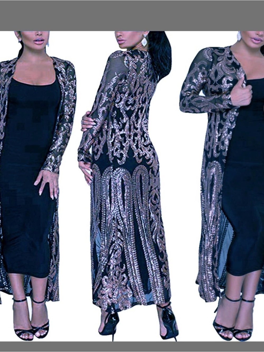 Sequin Embellished Long navy blue Sheer Duster